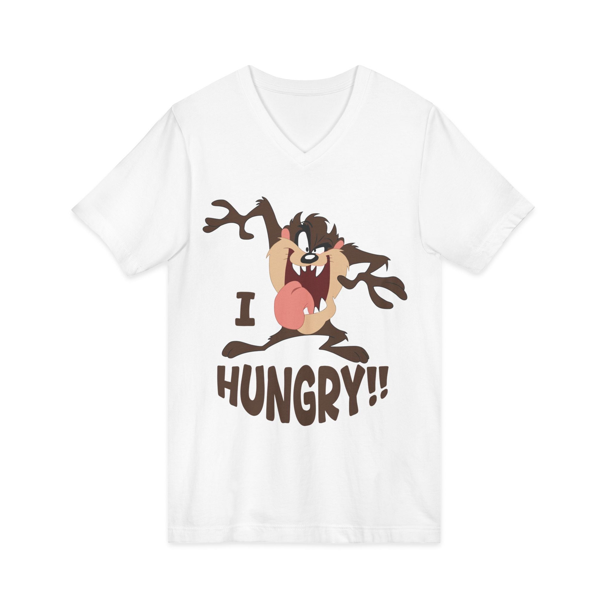 Hungry T-Shirt — Cartoon Tasmanian Devil 'I HUNGRY!!' Graphic V-Neck Tee