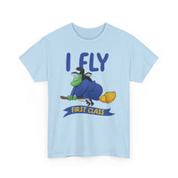 I Fly First Class Tee — Funny Witch on Broom Halloween T-Shirt
