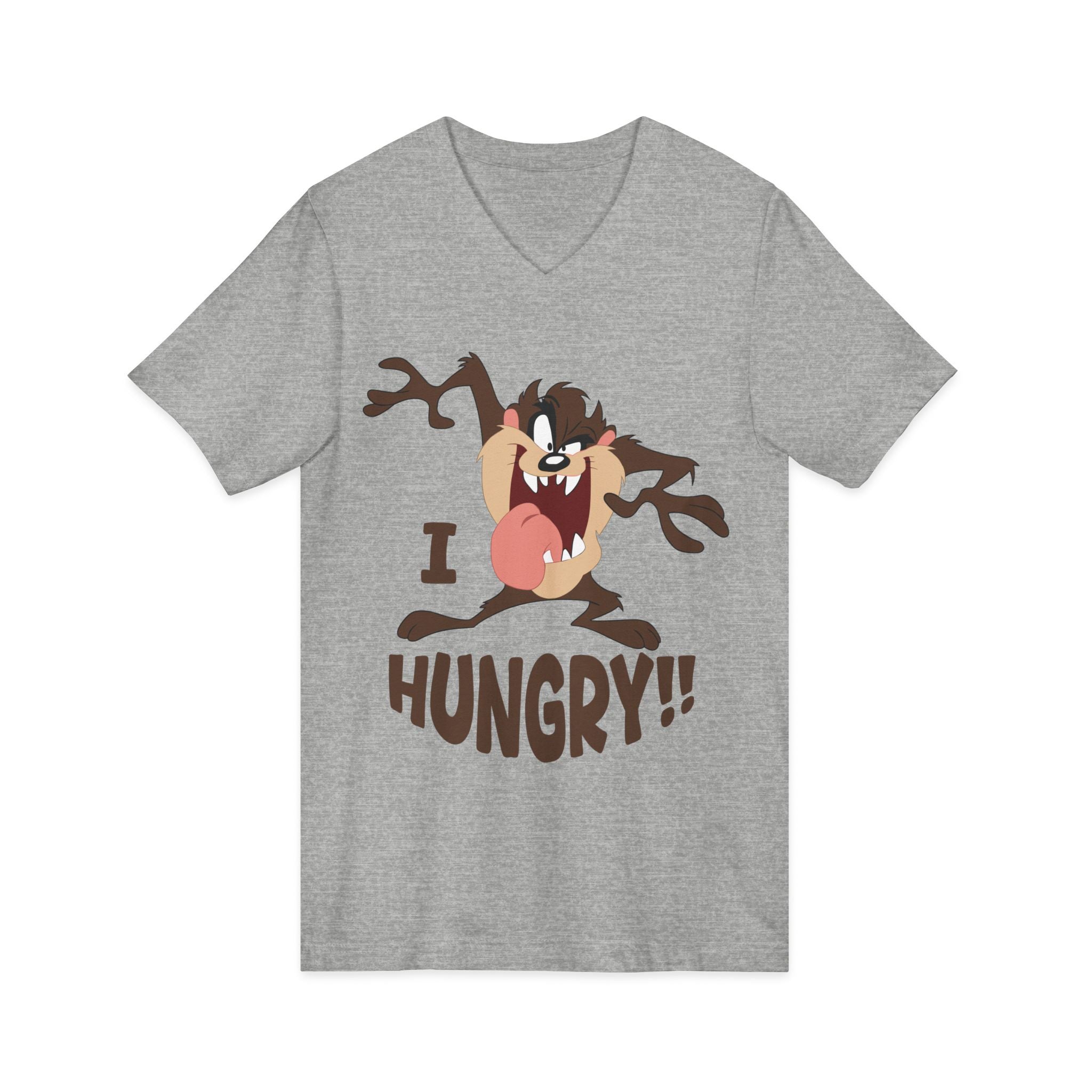 Hungry T-Shirt — Cartoon Tasmanian Devil 'I HUNGRY!!' Graphic V-Neck Tee