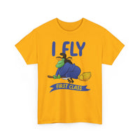 I Fly First Class Tee — Funny Witch on Broom Halloween T-Shirt