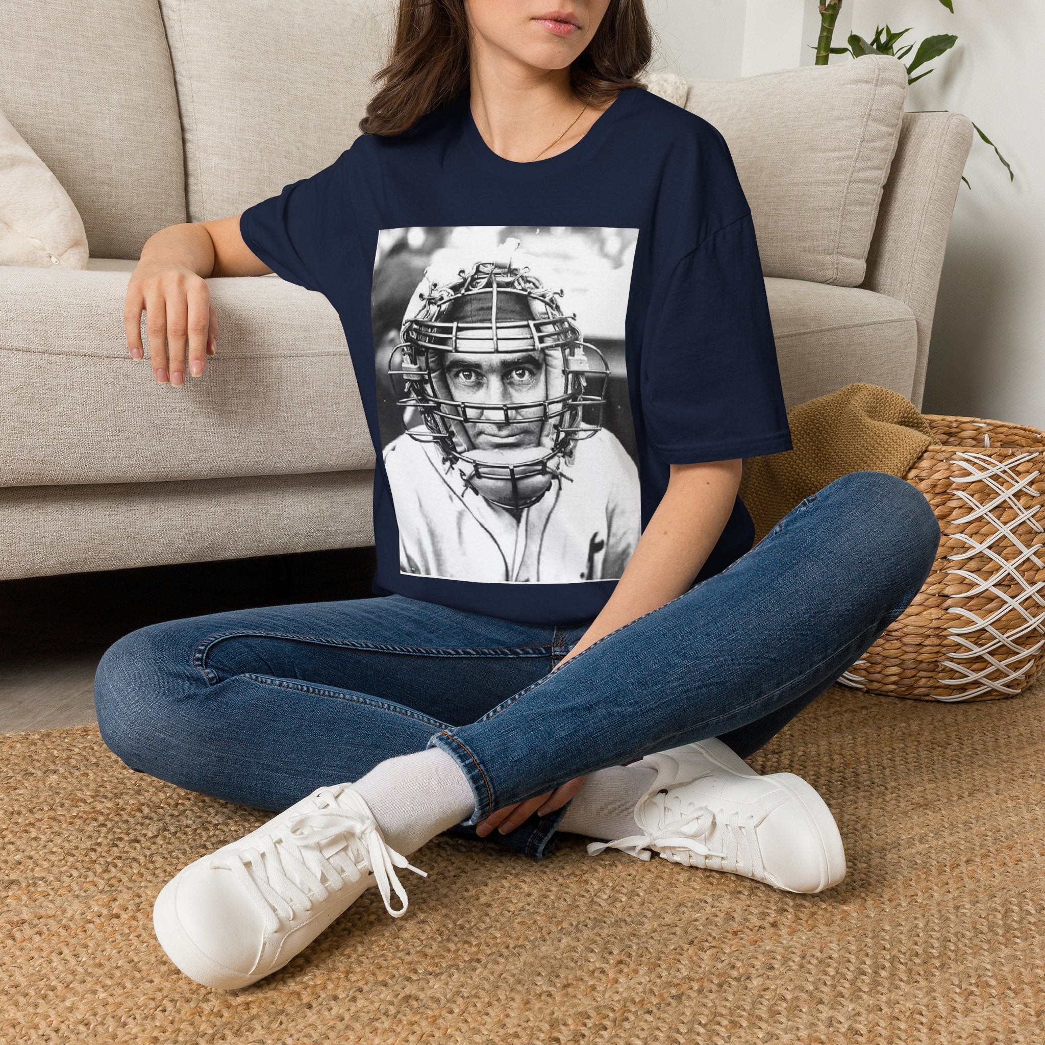 Baseball Catcher Portrait T-Shirt — Vintage Black & White Sports Tee