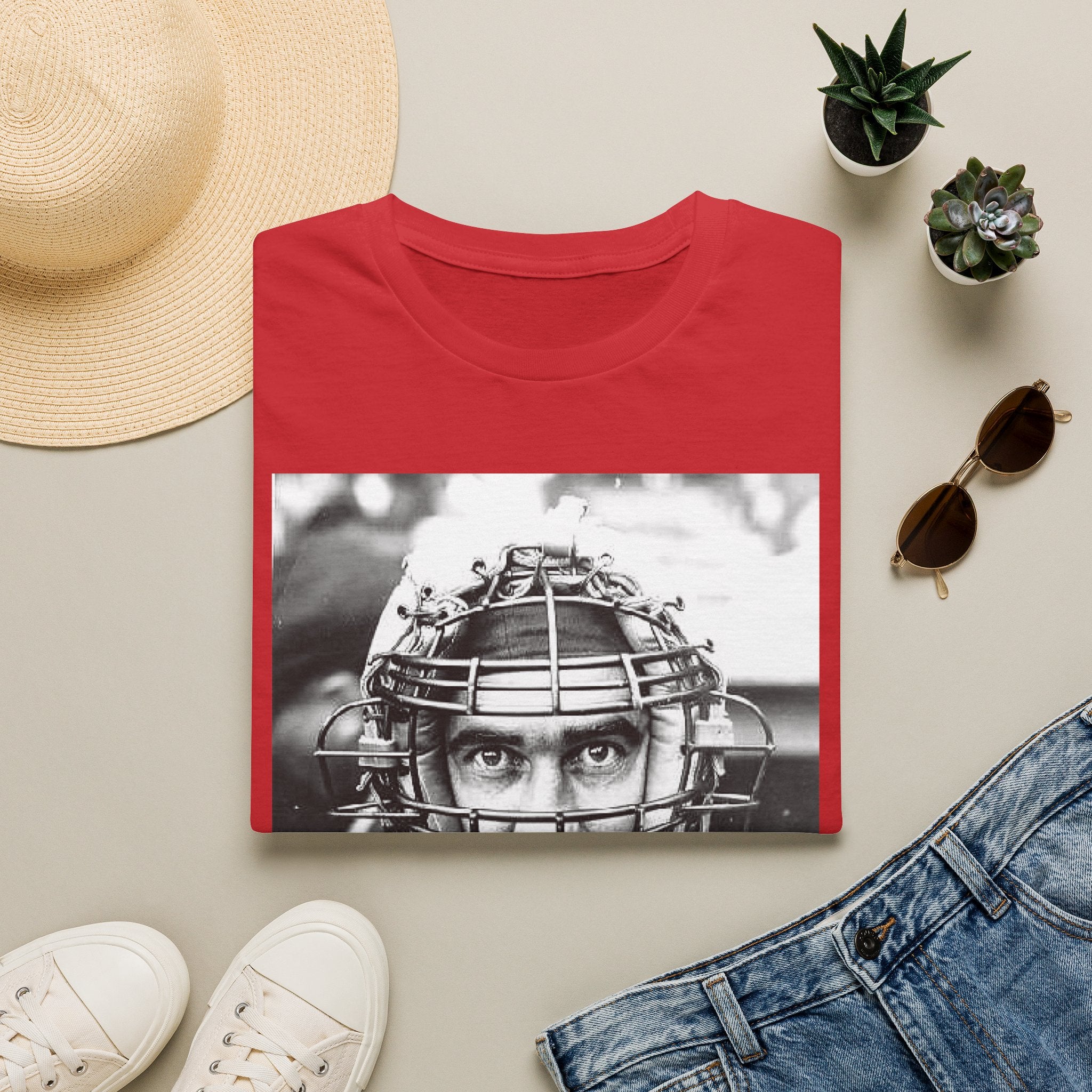 Baseball Catcher Portrait T-Shirt — Vintage Black & White Sports Tee