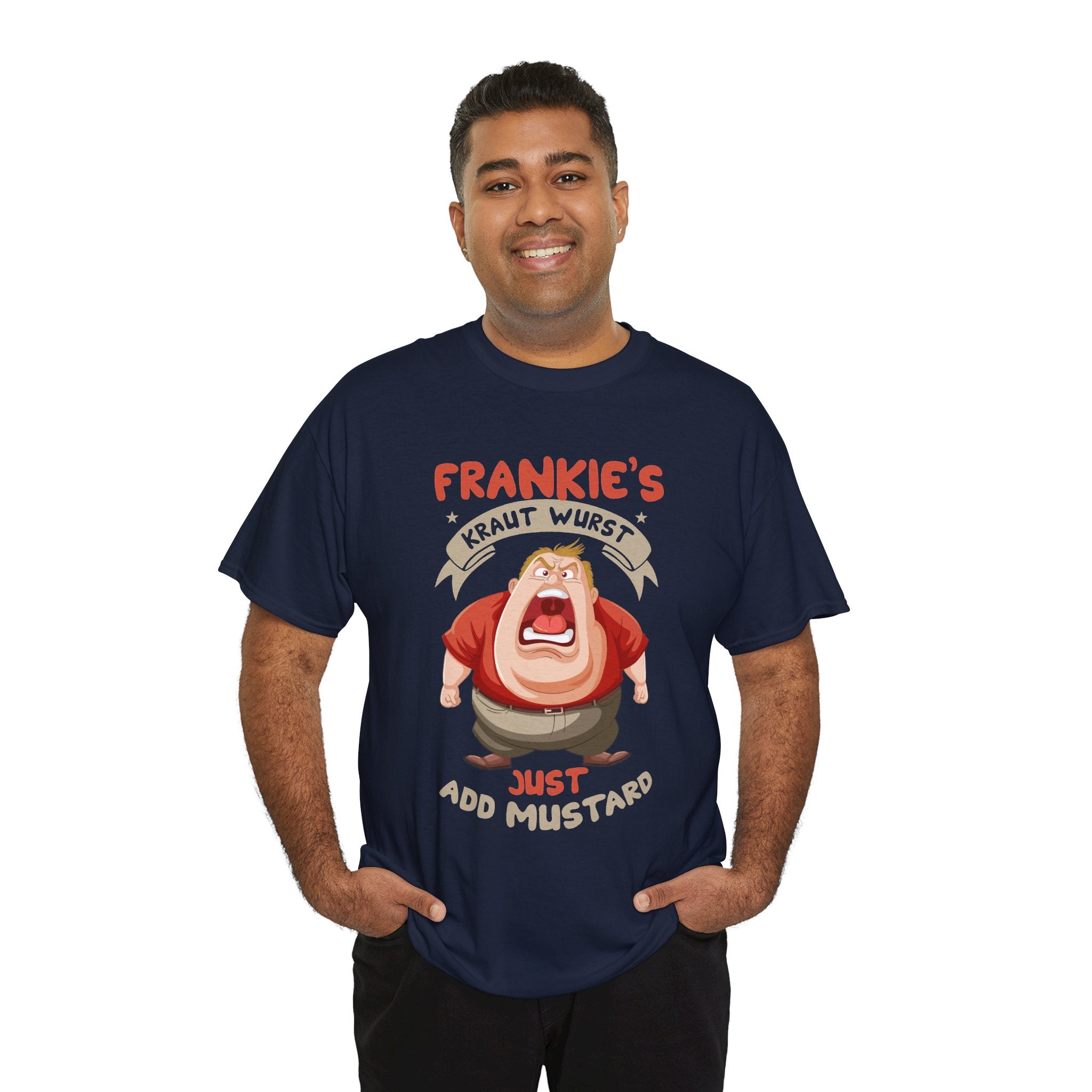 Frankie's Kraut Wurst Funny Graphic Tee — "Just Add Mustard" Novelty T-Shirt