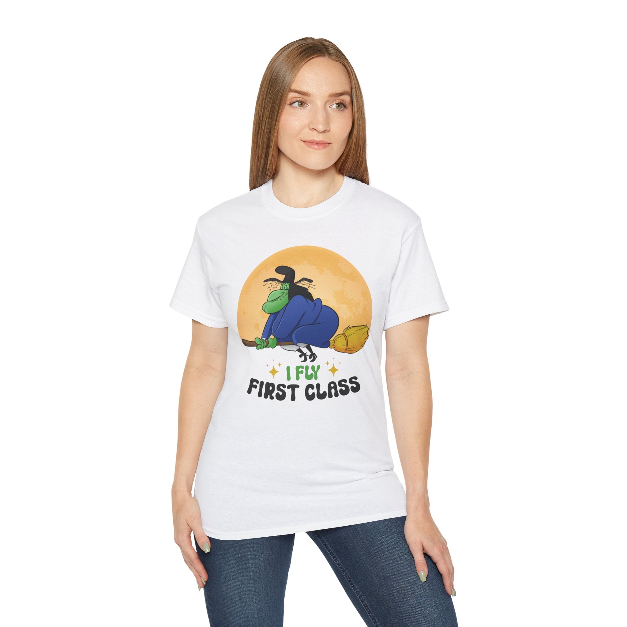 I Fly First Class — Funny Witch Halloween T-Shirt