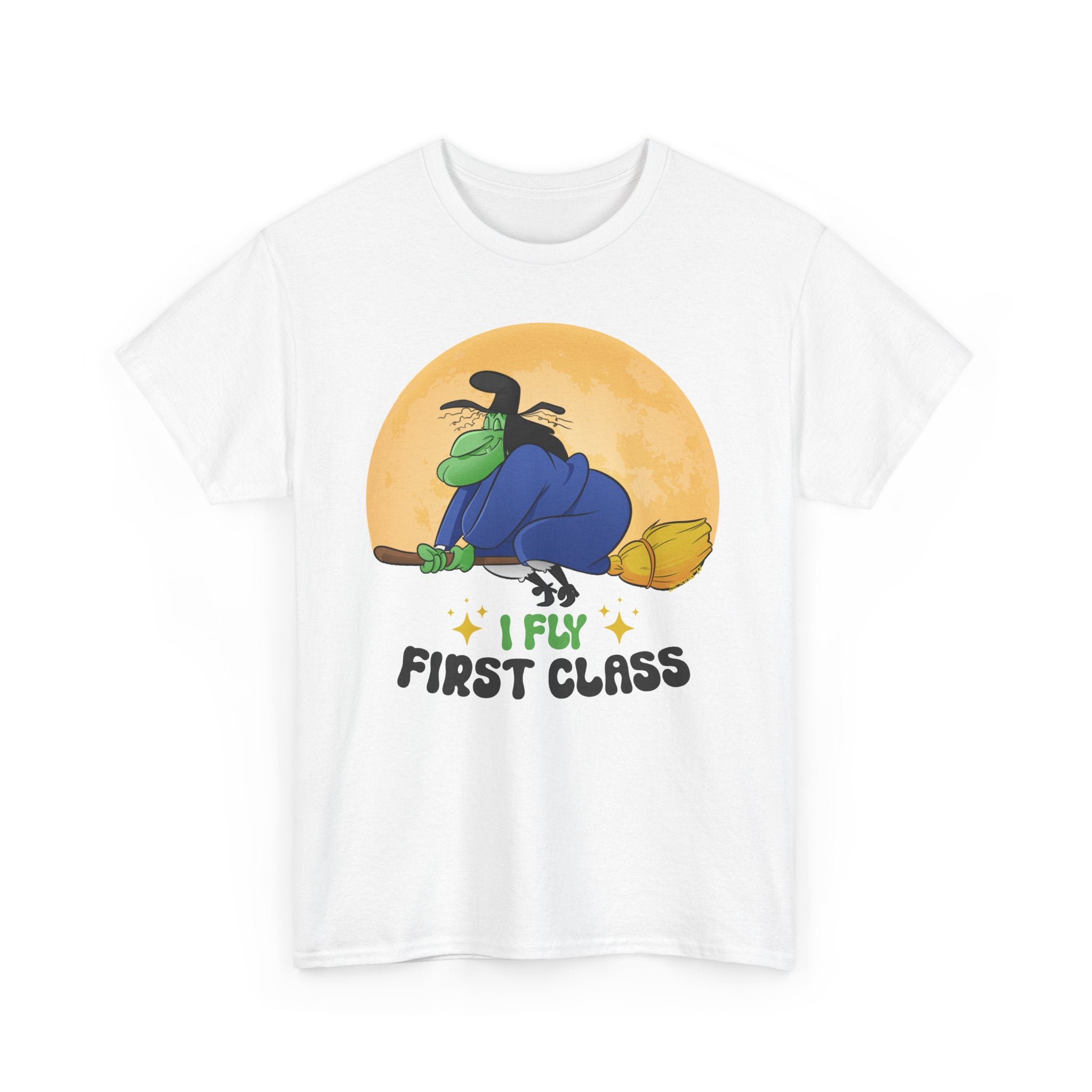 Witch Broom Tee — "I Fly First Class" Funny Halloween T‑Shirt