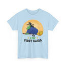 Witch Broom Tee — "I Fly First Class" Funny Halloween T‑Shirt
