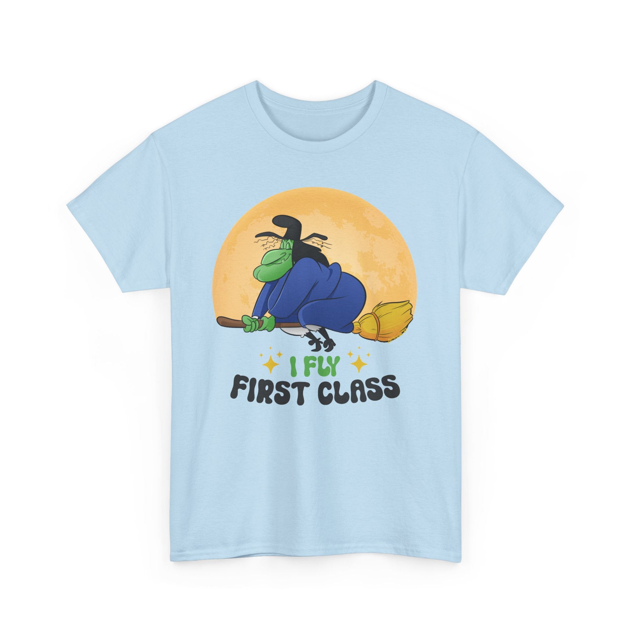 Witch Broom Tee — "I Fly First Class" Funny Halloween T‑Shirt