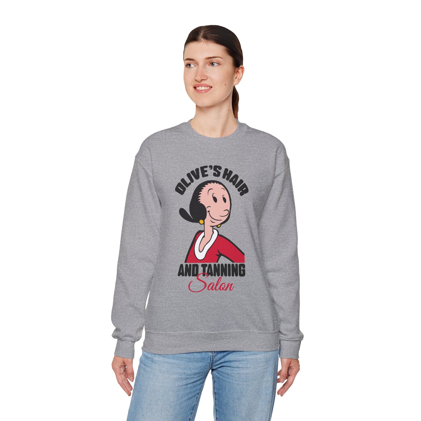 Olive's Hair & Tanning Salon Sweatshirt — Funny Retro Parody Graphic
