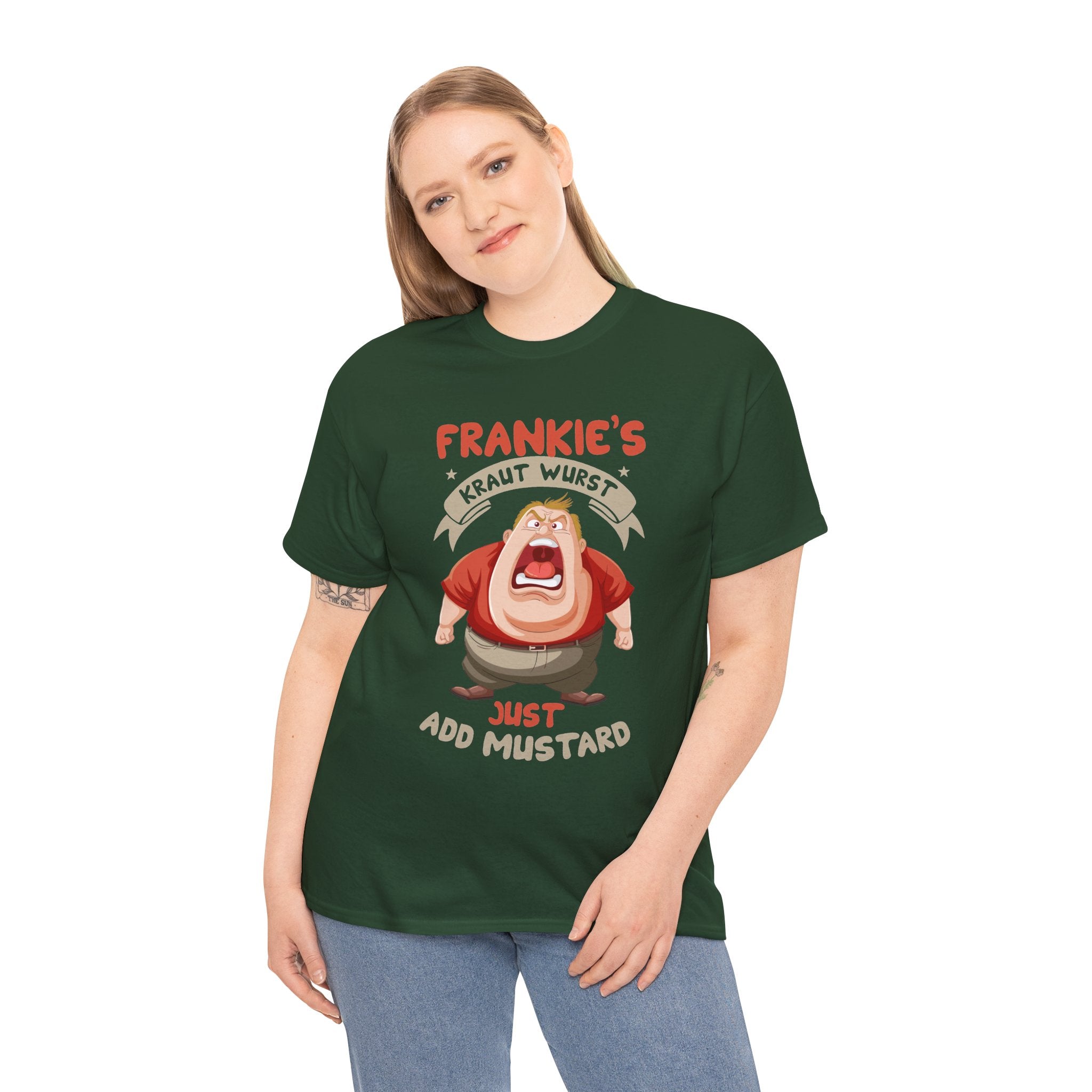 Frankie's Kraut Wurst Funny Graphic Tee — "Just Add Mustard" Novelty T-Shirt