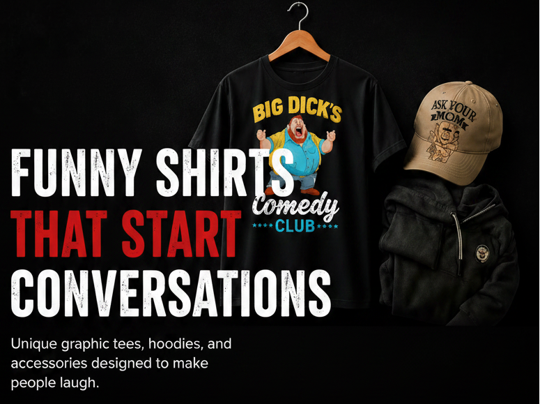 Black t-shirt with graphic design and text, beige cap, on black background with promotional text.