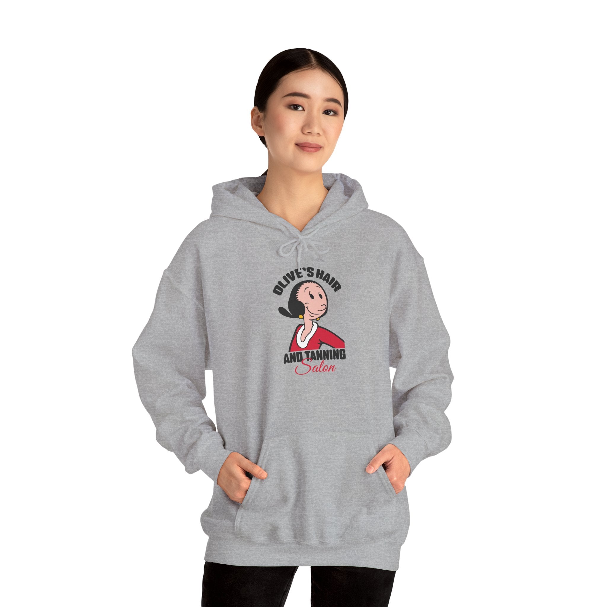 Olive’s Hair and Tanning Salon Hoodie. Vintage Olive Oyl Cartoon Graphic Pullover