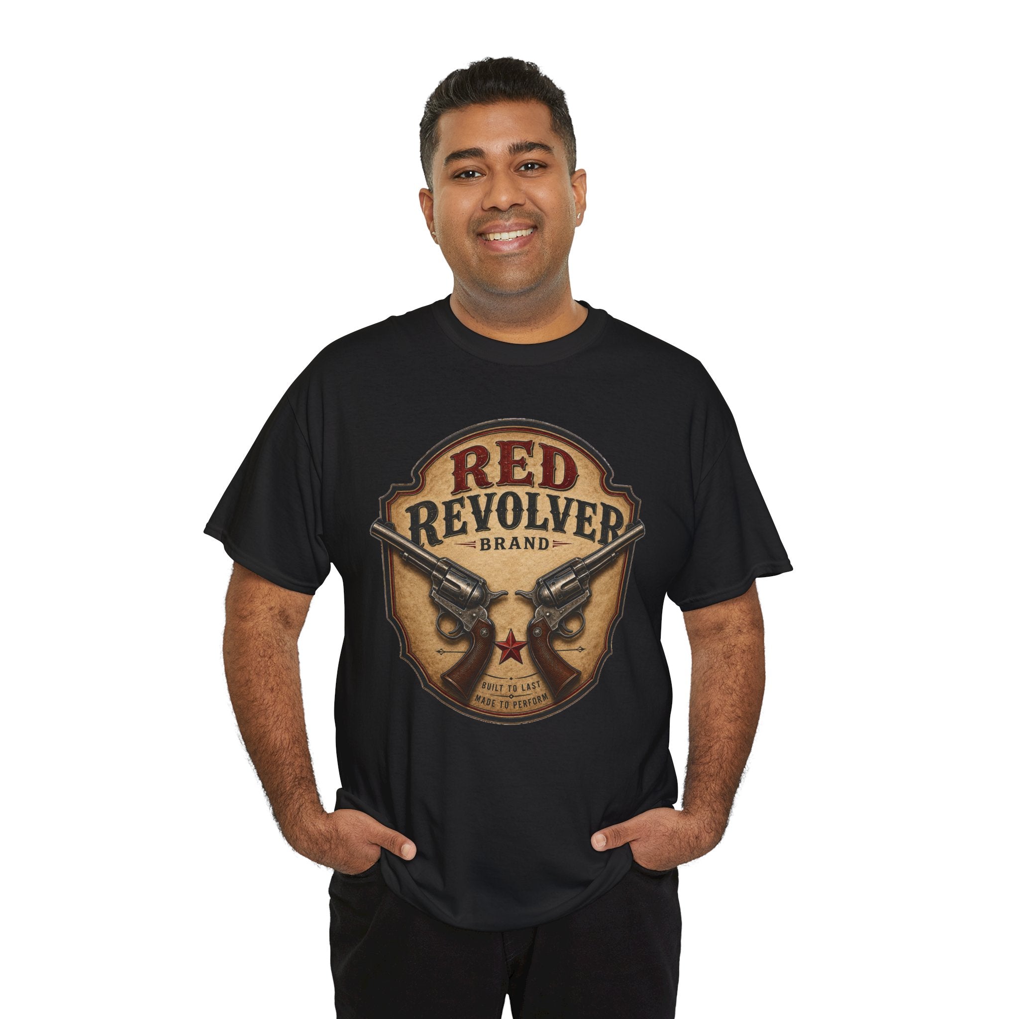 Red Revolver Graphic T-Shirt — Retro Western Guns Emblem
