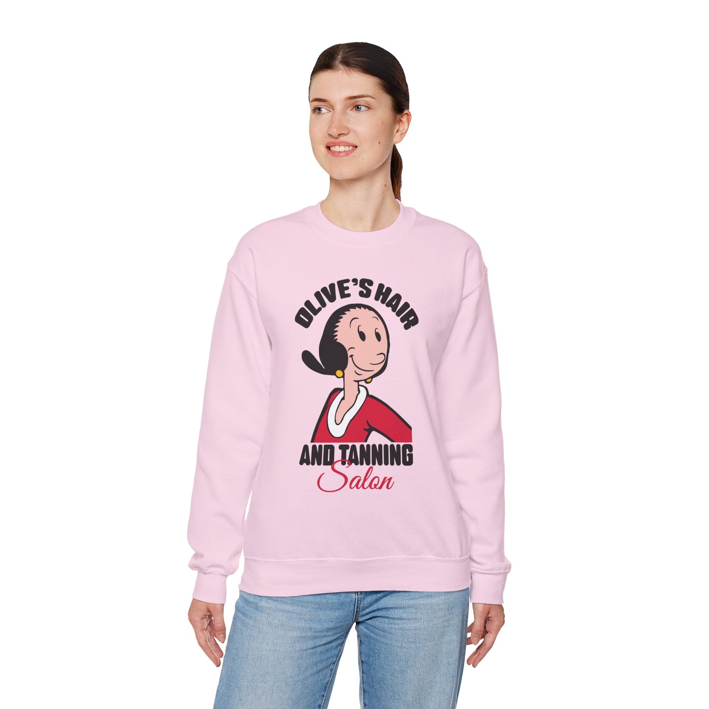 Olive's Hair & Tanning Salon Sweatshirt — Funny Retro Parody Graphic
