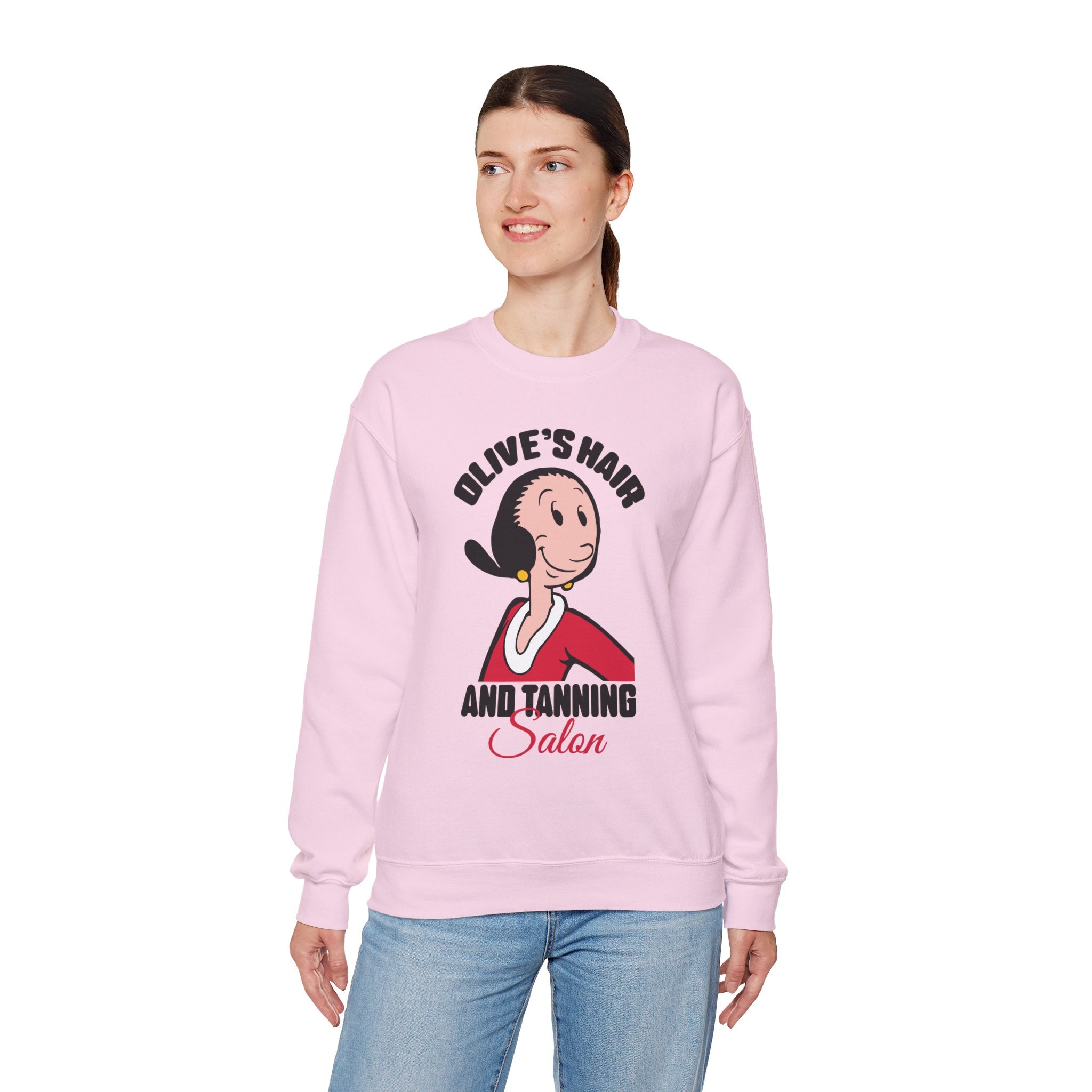 Olive's Hair & Tanning Salon Sweatshirt — Funny Retro Parody Graphic