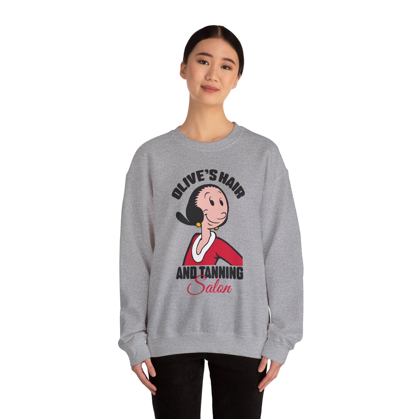 Olive's Hair & Tanning Salon Sweatshirt — Funny Retro Parody Graphic