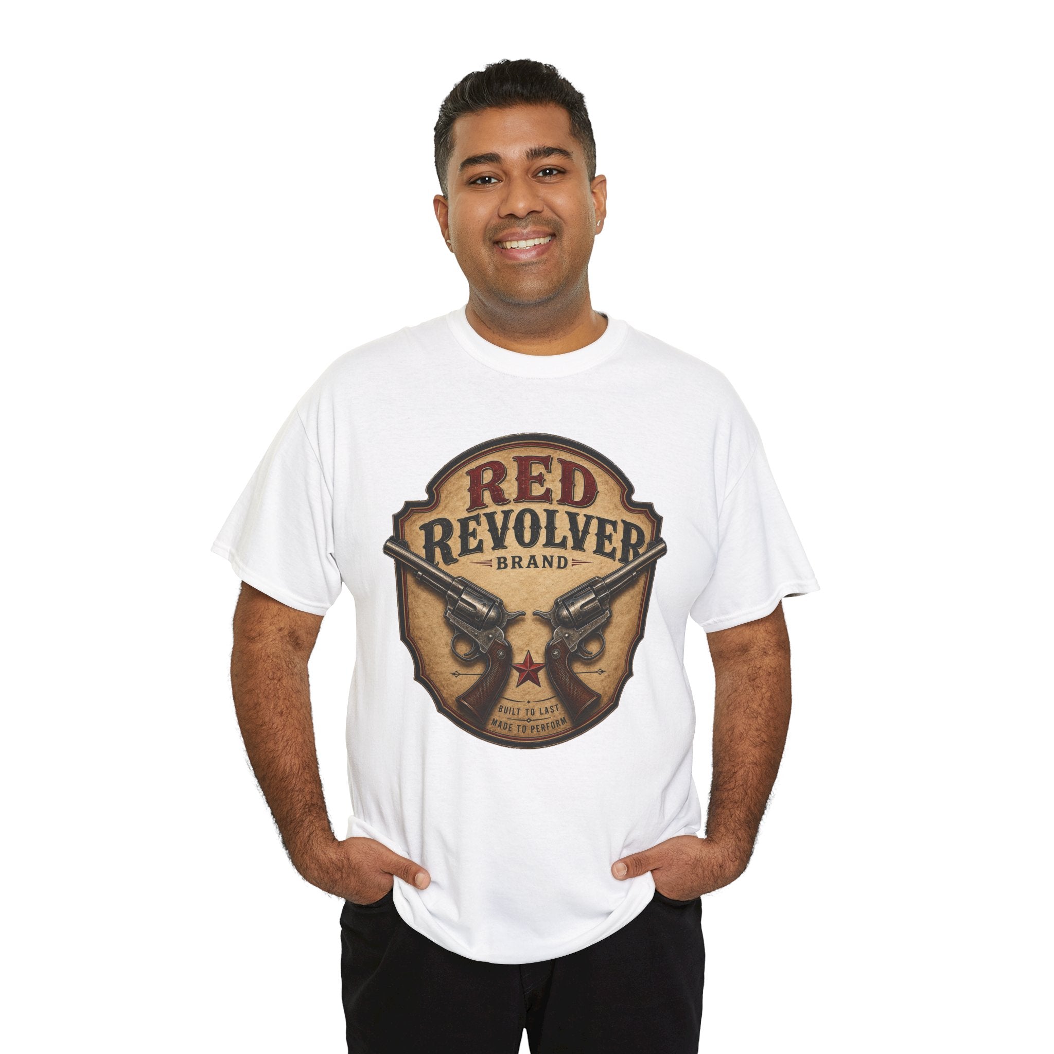 Red Revolver Graphic T-Shirt — Retro Western Guns Emblem