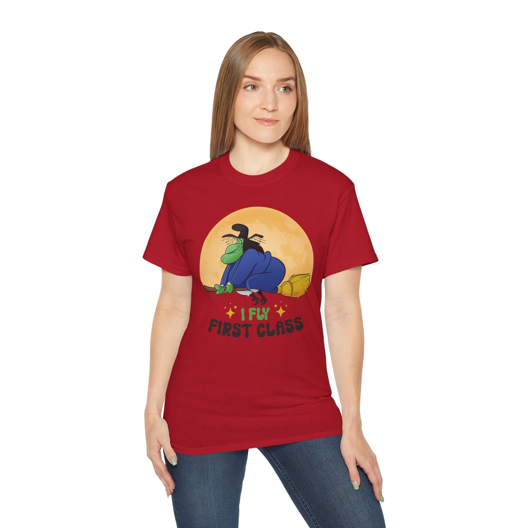 I Fly First Class — Funny Witch Halloween T-Shirt