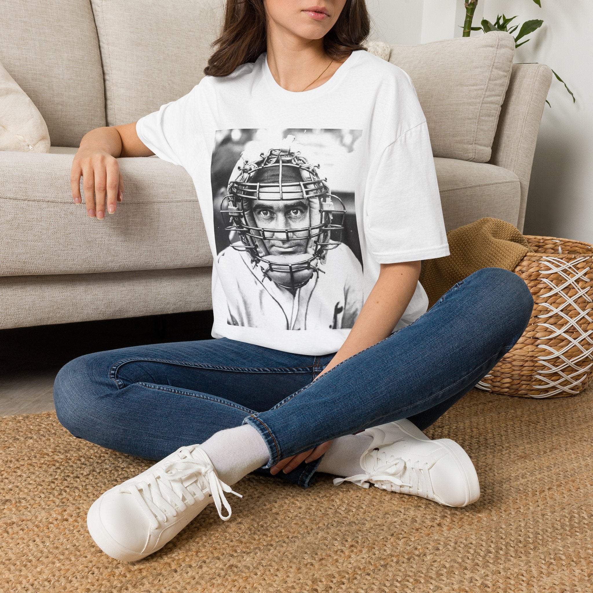 Baseball Catcher Portrait T-Shirt — Vintage Black & White Sports Tee