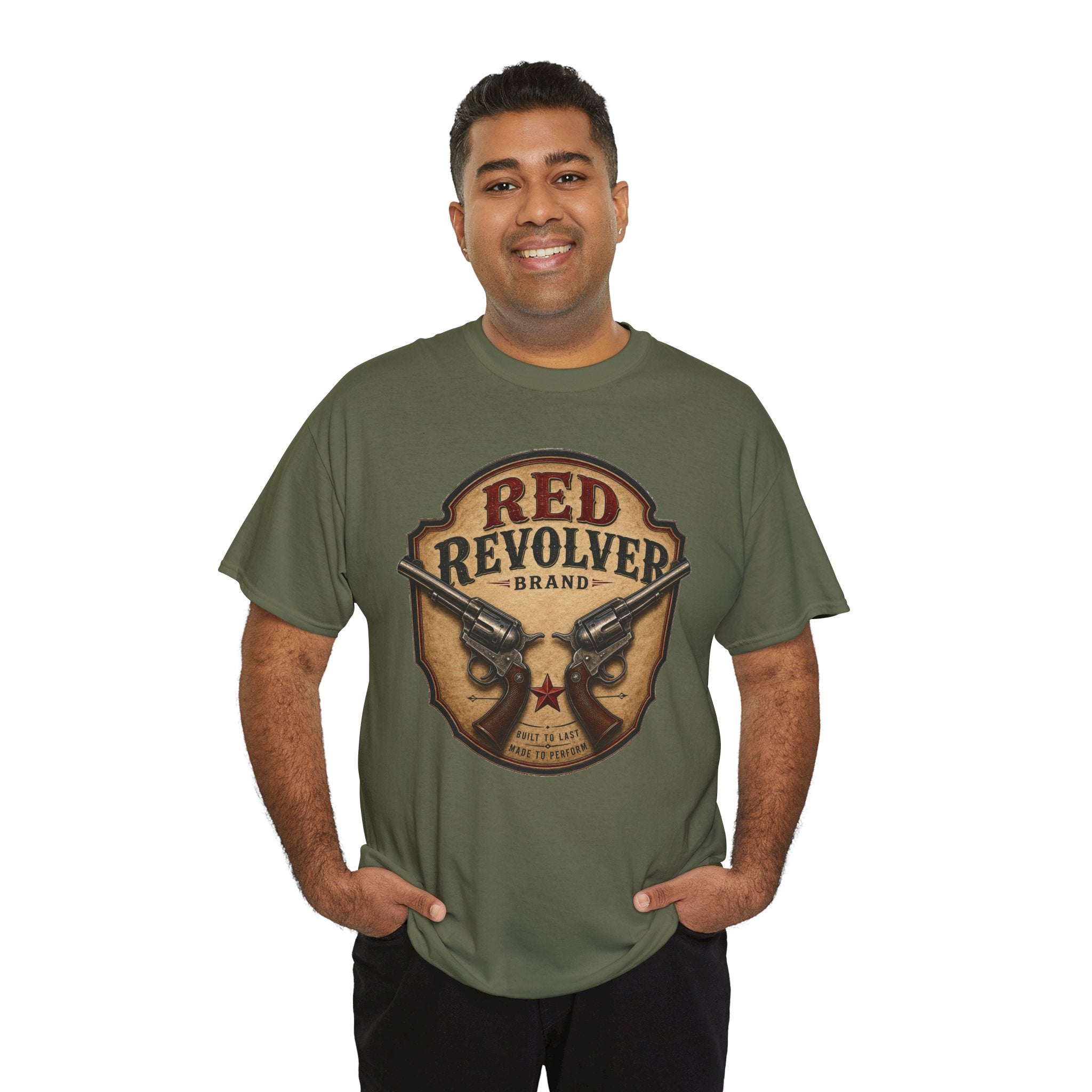 Red Revolver Graphic T-Shirt — Retro Western Guns Emblem