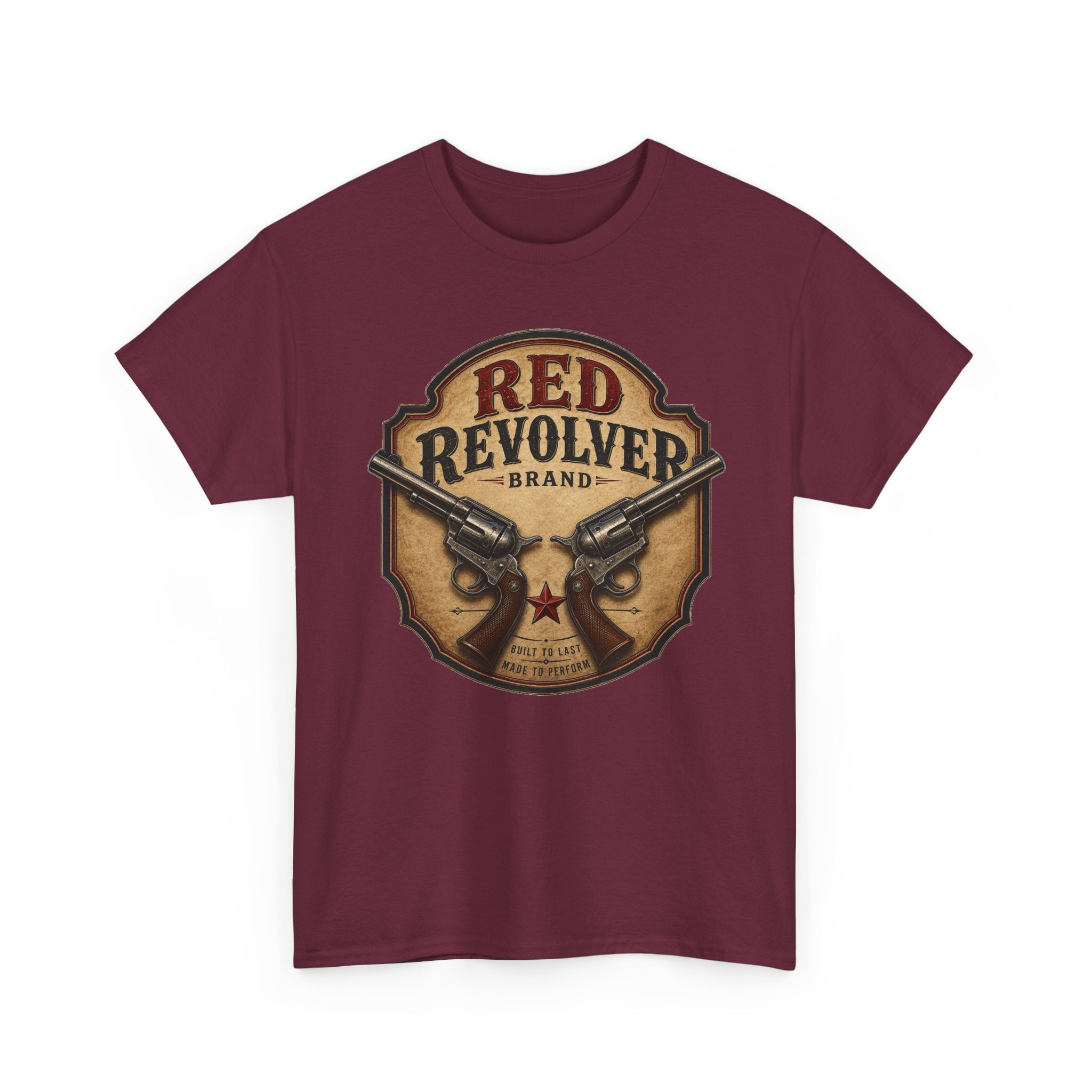 Red Revolver Graphic T-Shirt — Retro Western Guns Emblem