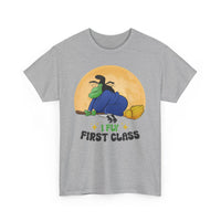 Witch Broom Tee — "I Fly First Class" Funny Halloween T‑Shirt