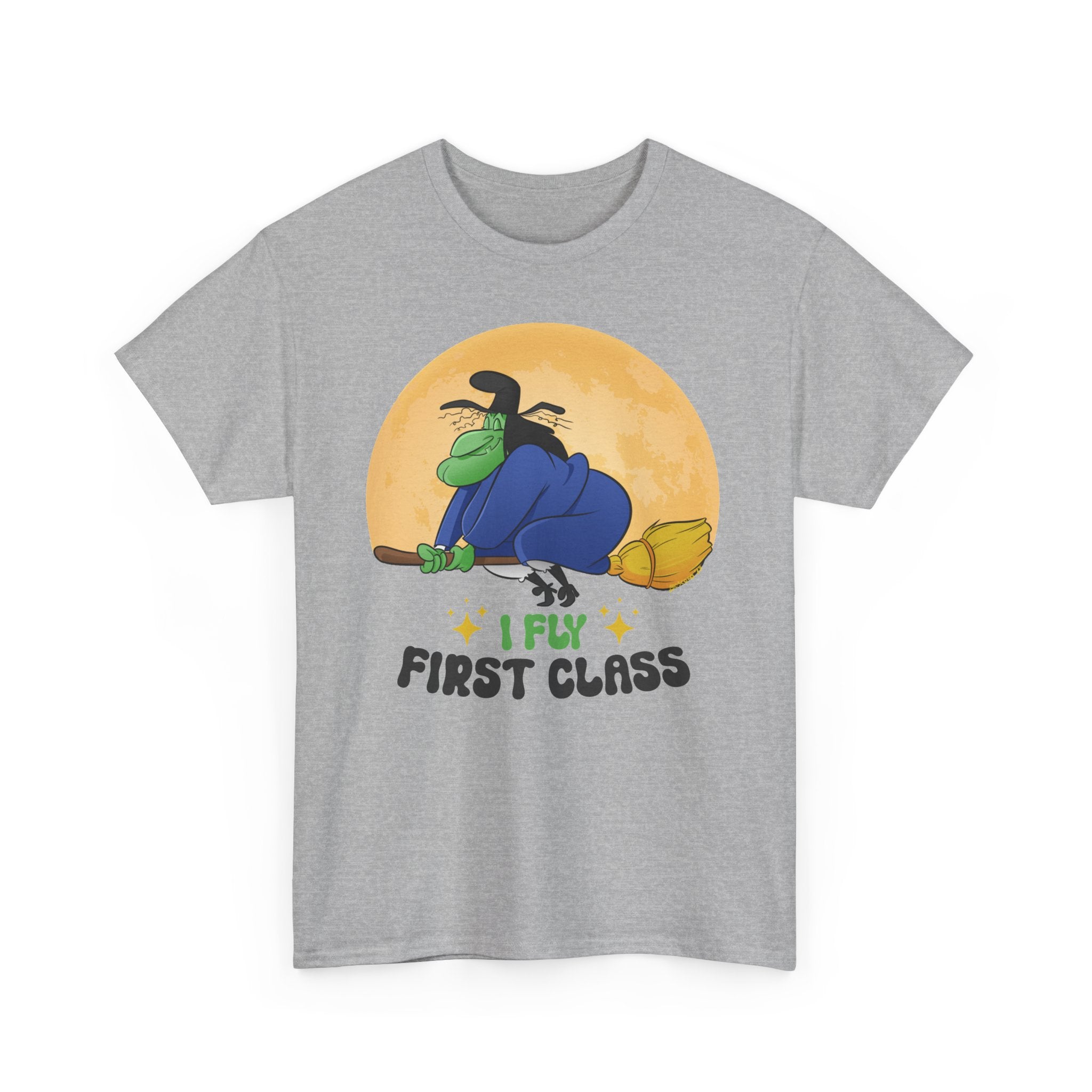 Witch Broom Tee — "I Fly First Class" Funny Halloween T‑Shirt