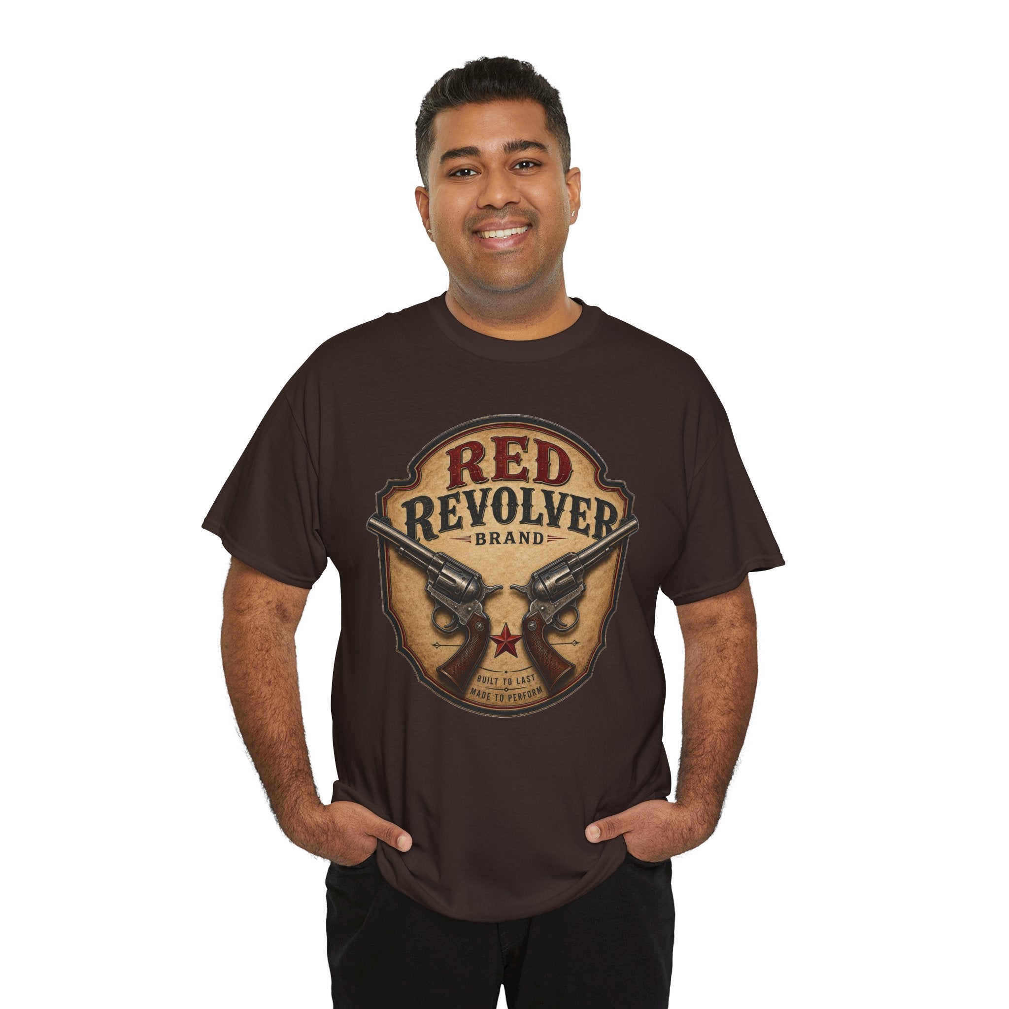 Red Revolver Graphic T-Shirt — Retro Western Guns Emblem