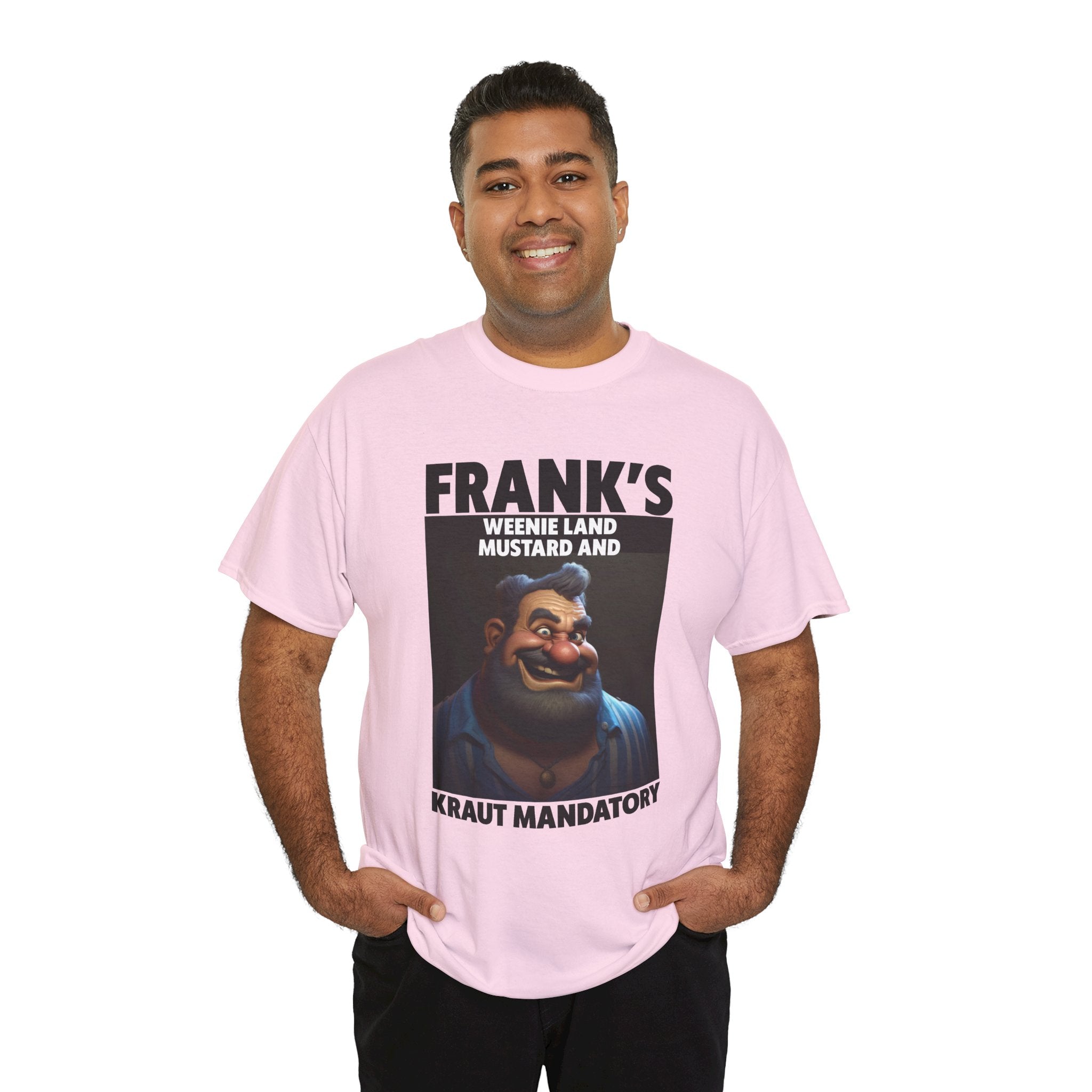 Graphic Tee — "Frank's Weenie Land Mustard and Kraut Mandatory" Retro Character T-Shirt