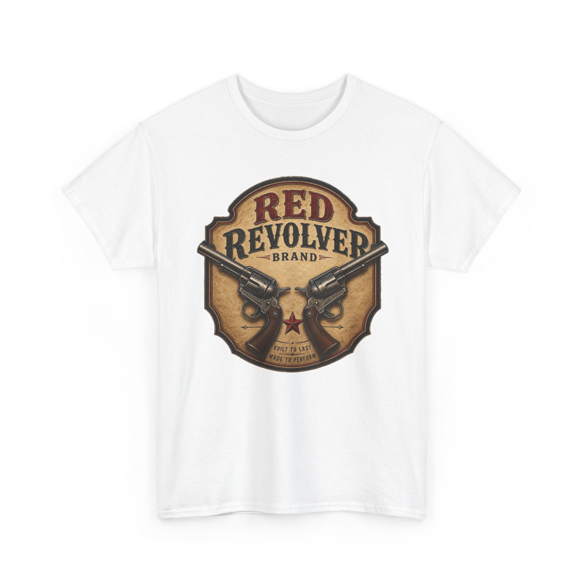Red Revolver Graphic T-Shirt — Retro Western Guns Emblem