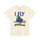 I Fly First Class Tee — Funny Witch on Broom Halloween T-Shirt