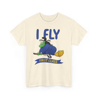 I Fly First Class Tee — Funny Witch on Broom Halloween T-Shirt