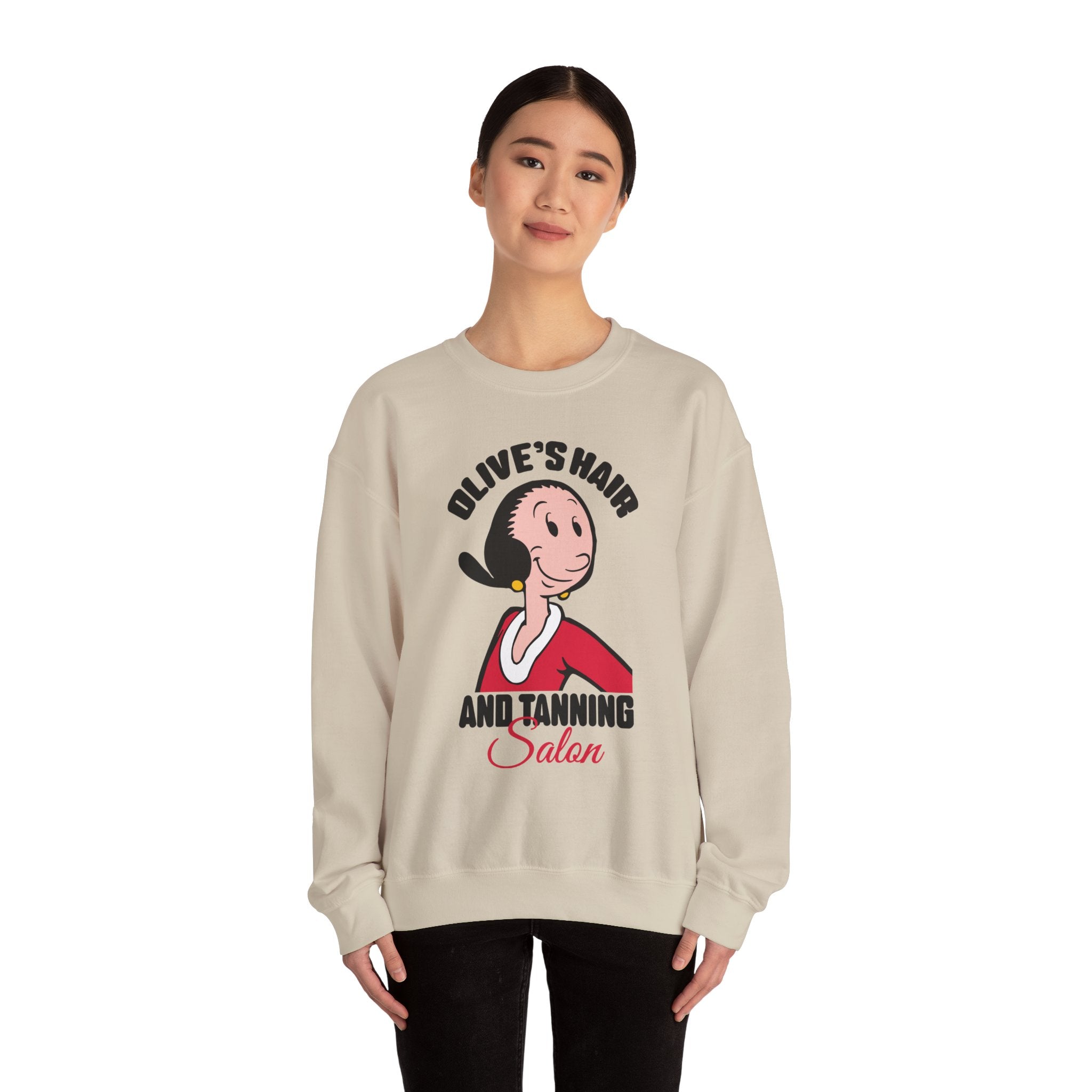 Olive's Hair & Tanning Salon Sweatshirt — Funny Retro Parody Graphic