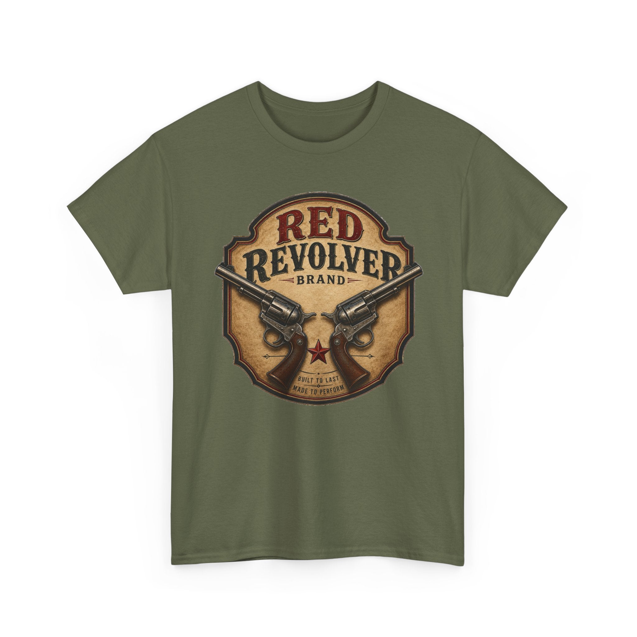 Red Revolver Graphic T-Shirt — Retro Western Guns Emblem