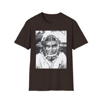 Baseball Catcher Portrait T-Shirt — Vintage Black & White Sports Tee