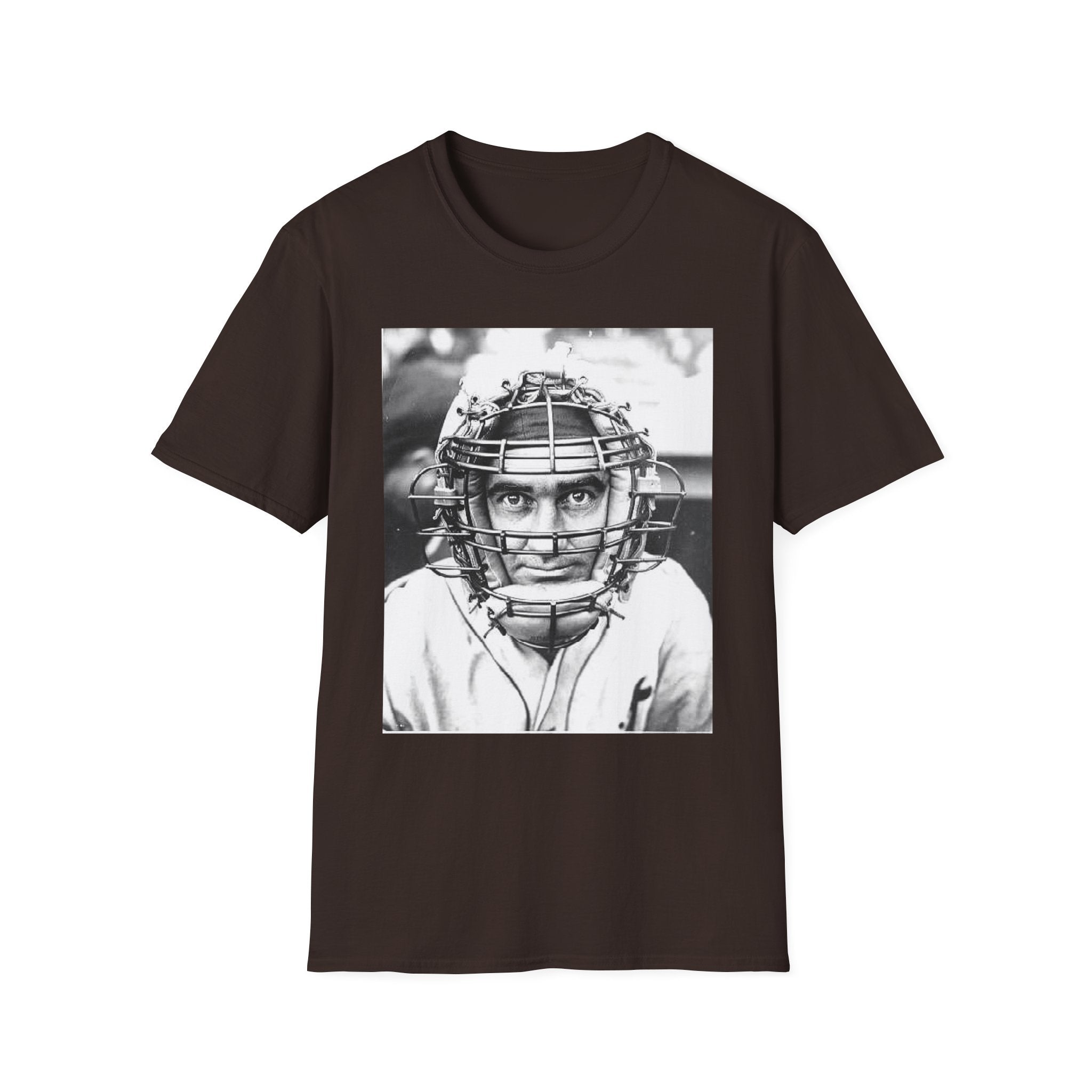 Baseball Catcher Portrait T-Shirt — Vintage Black & White Sports Tee