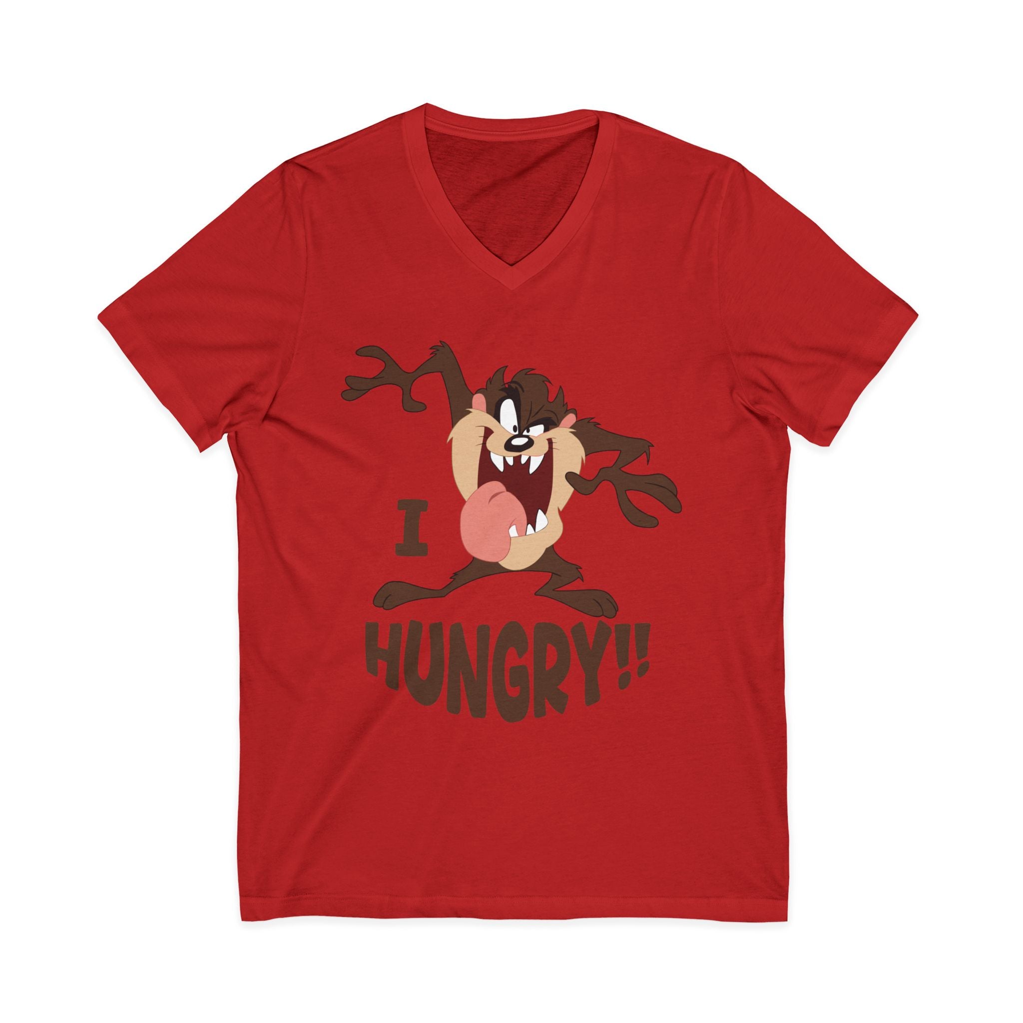 Hungry T-Shirt — Cartoon Tasmanian Devil 'I HUNGRY!!' Graphic V-Neck Tee