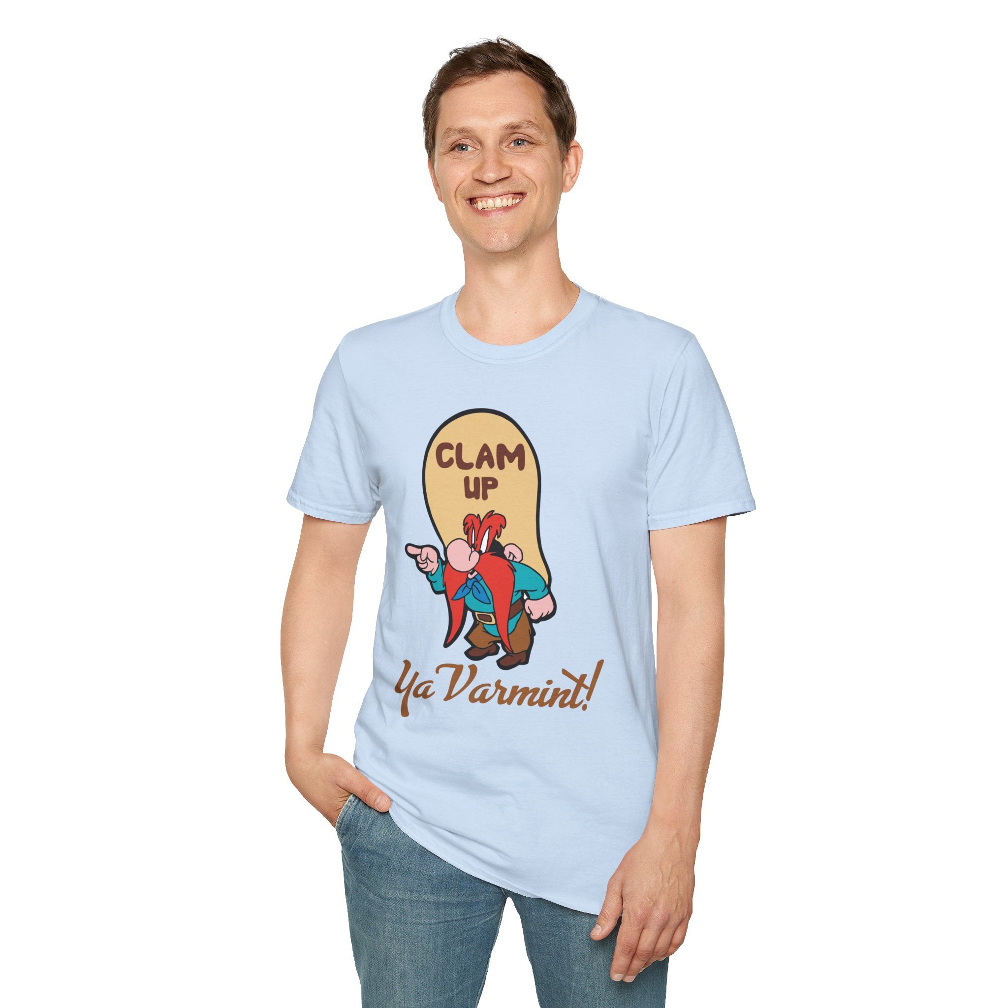 Graphic T-Shirt — 'Clam Up Ya Varmint!' Yosemite-Style Cartoon Tee