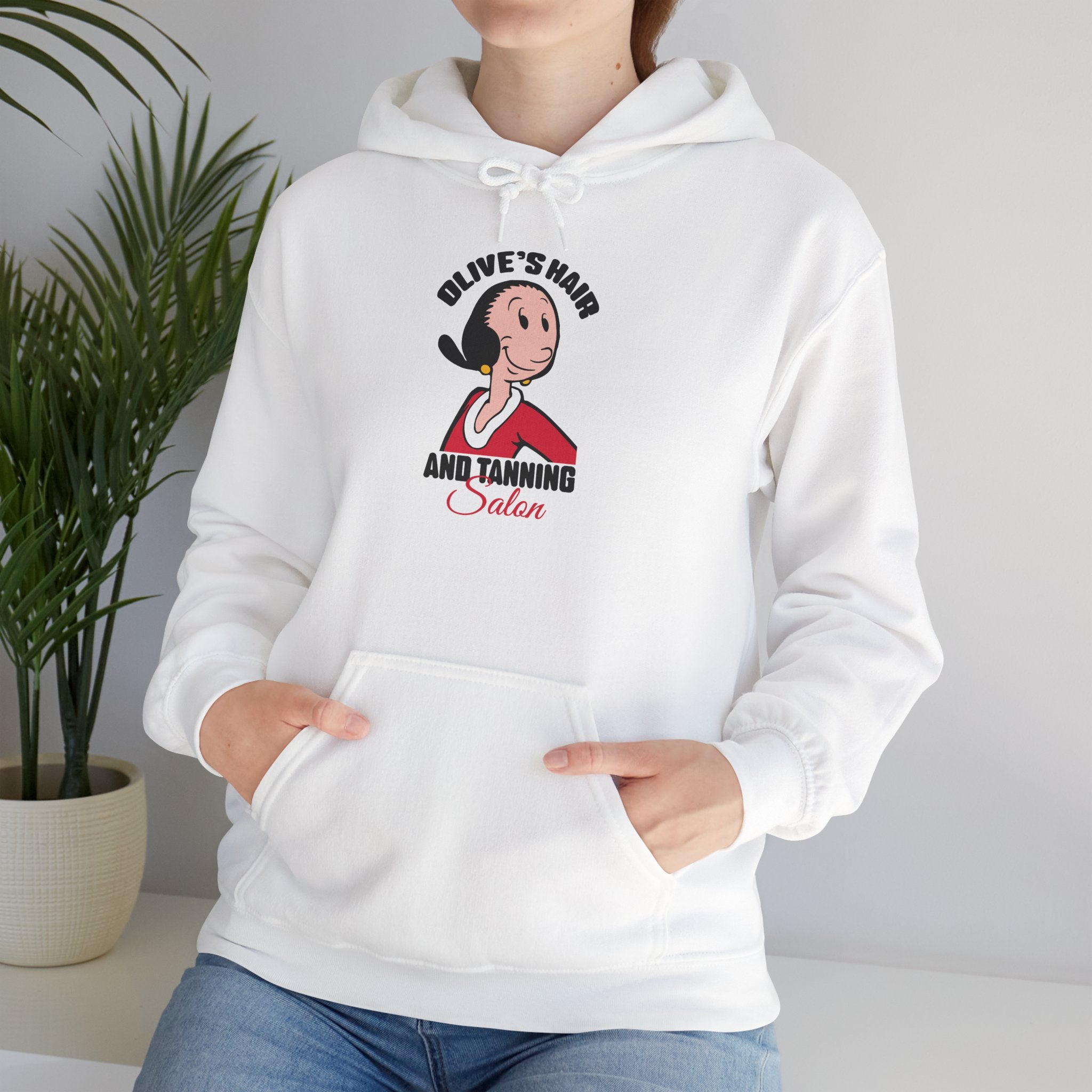 Olive’s Hair and Tanning Salon Hoodie. Vintage Olive Oyl Cartoon Graphic Pullover