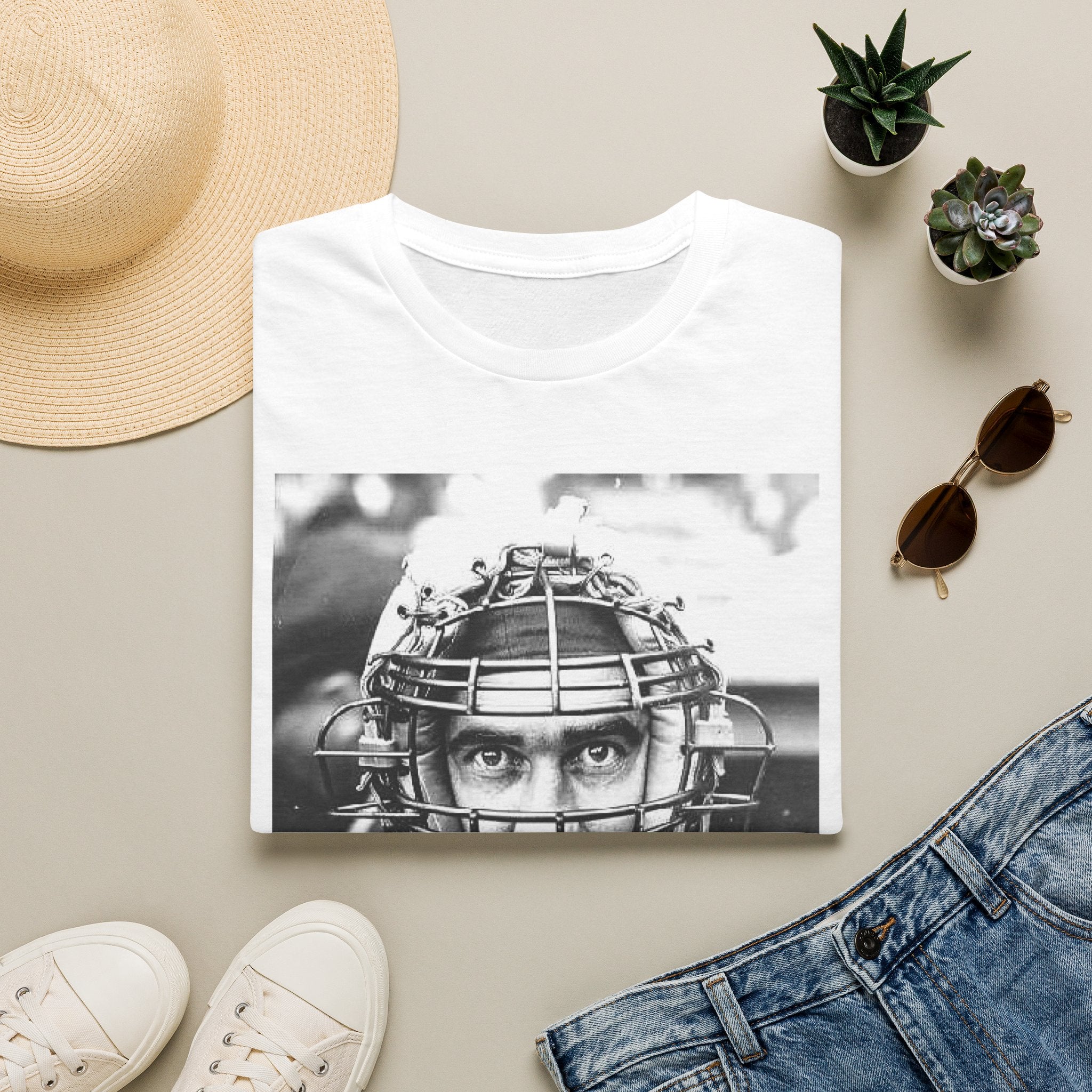 Baseball Catcher Portrait T-Shirt — Vintage Black & White Sports Tee