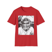 Baseball Catcher Portrait T-Shirt — Vintage Black & White Sports Tee